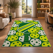 Pickleball Holes Pattern Rug in a living room with a desk and large windows