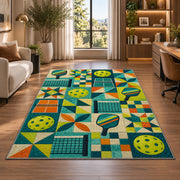 Pickleball Patchwork Rug in a living room with a desk and large windows