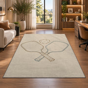 Minimalist Pickleball Line Art Rug in a living room with a desk and large windows