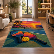 Sunset Pickleball Court Rug in a living room with a desk and large windows
