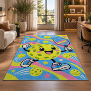 Cute Pickleball Character Rug in a living room with a desk and large windows