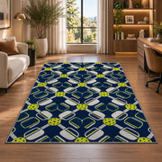 Pickleball Paddle Lattice Rug in a living room with a desk and large windows