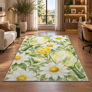 Watercolor Pickleball Daisy Rug in a living room with a desk and large windows