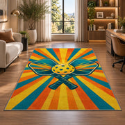 Pickleball Sunburst Rug in a living room with a desk and large windows