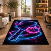 Neon Pickleball Rug in a living room with a desk and large windows