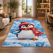 Baby Penguin Rug in a living room with a desk and large windows