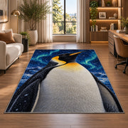 Emperor Penguin Rug in a living room with a desk and large windows