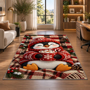 Hot Cocoa Penguin Rug in a living room with a desk and large windows