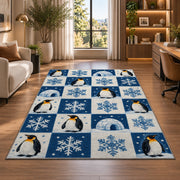 Penguin Checkered Rug in a living room with a desk and large windows