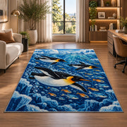 Underwater Penguin Rug in a living room with a desk and large windows