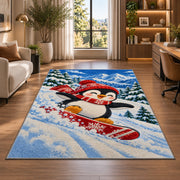 Snowboarding Penguin Rug in a living room with a desk and large windows