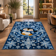 Snowflake Mandala Penguin Rug in a living room with a desk and large windows