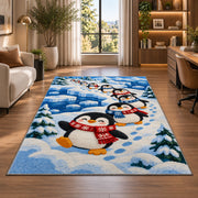 Penguin Parade Rug in a living room with a desk and large windows