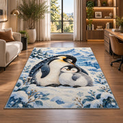 Mother and Baby Penguin Rug in a living room with a desk and large windows