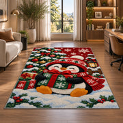 Christmas Penguin Rug in a living room with a desk and large windows