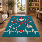 Heart Stethoscope Nurse Rug in a living room with a desk and large windows