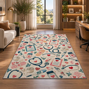 Nurse Essentials Pattern Rug in a living room with a desk and large windows