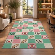 Retro Checkered Nurse Rug in a living room with a desk and large windows
