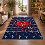 Heartbeat Stethoscope Rug in a living room with a desk and large windows