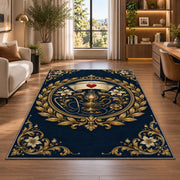 Vintage Nurse Emblem Rug in a living room with a desk and large windows