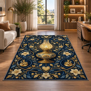 Nurse Lamp Rug in a living room with a desk and large windows