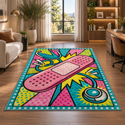 Pop Art Bandage Rug in a living room with a desk and large windows