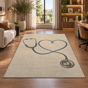 Minimalist Stethoscope Heart Rug in a living room with a desk and large windows