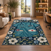 Nurse Scrubs Rug in a living room with a desk and large windows