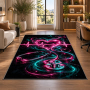 Neon Heartbeat Rug in a living room with a desk and large windows
