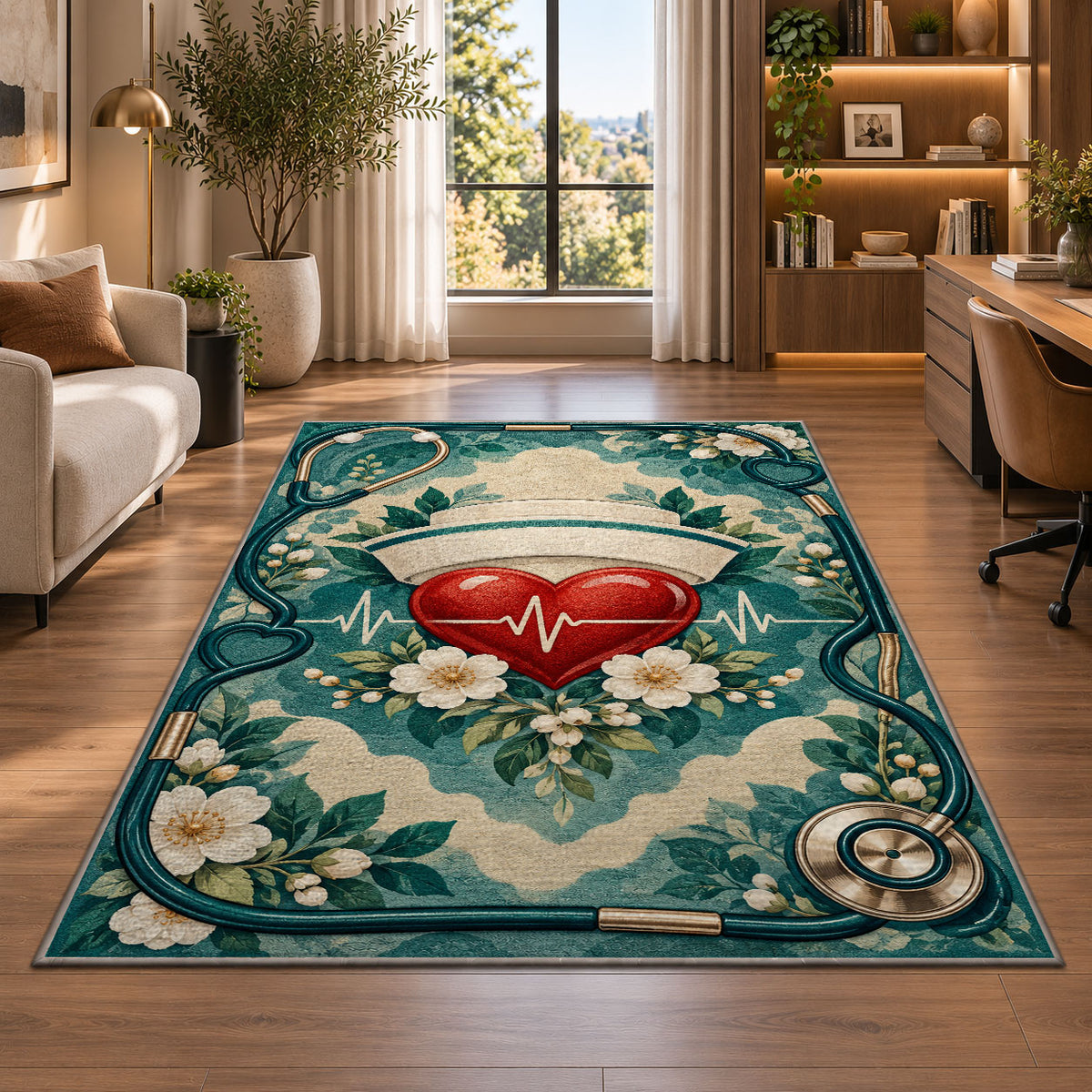 Nurse Cap Heart Rug in a living room with a desk and large windows