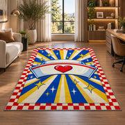 Retro Nurse Cap Sunburst Rug in a living room with a desk and large windows