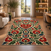 Folk Art Nurse Rug in a living room with a desk and large windows