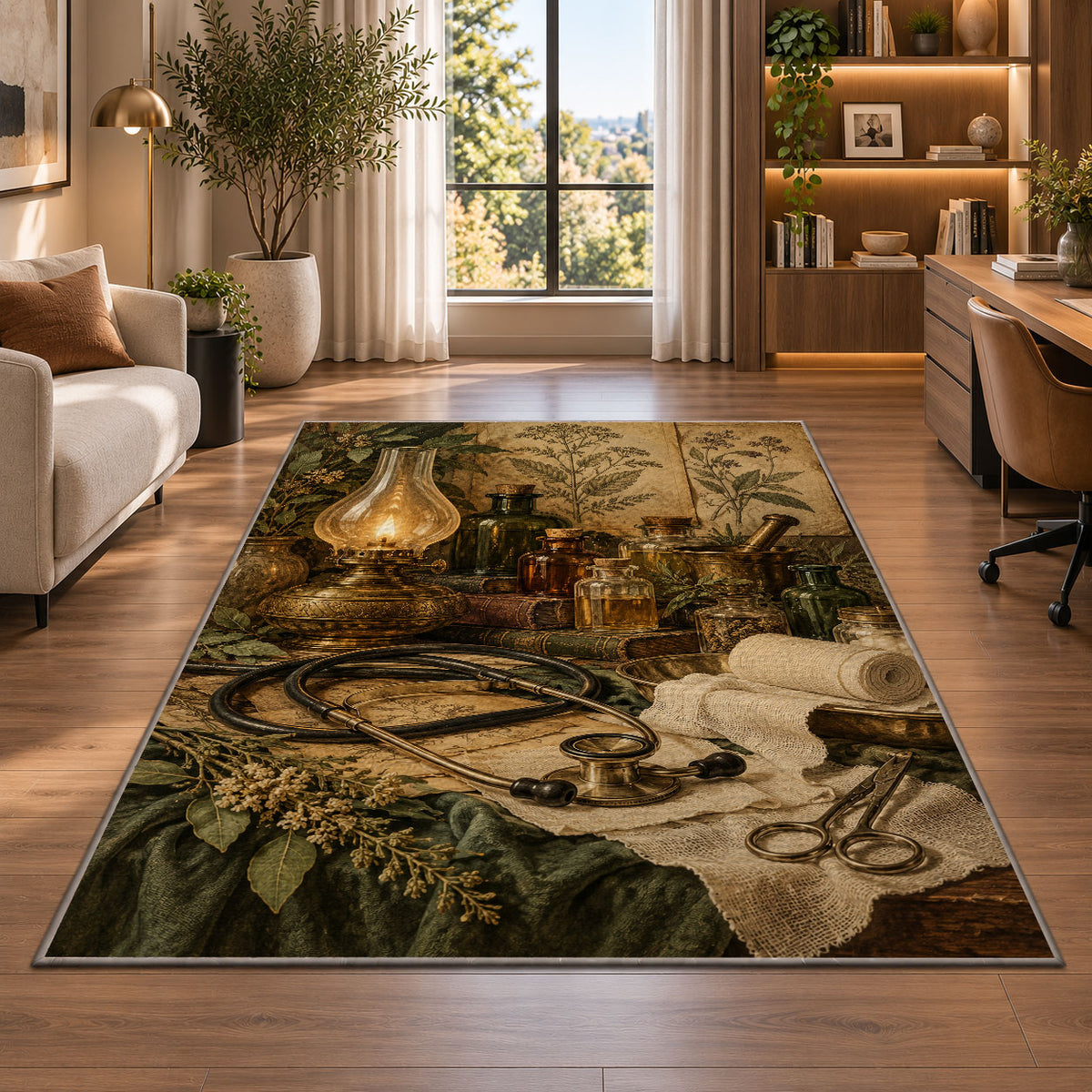 Vintage Apothecary Nurse Rug in a living room with a desk and large windows