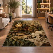 Vintage Apothecary Nurse Rug in a living room with a desk and large windows