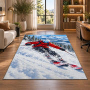 Downhill skier rug in a living room with a desk and large windows