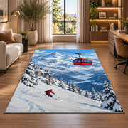 Alpine gondola rug in a living room with a desk and large windows
