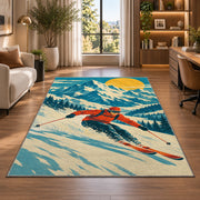 Vintage ski poster rug in a living room with a desk and large windows