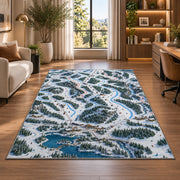 Ski resort trail map rug in a living room with a desk and large windows