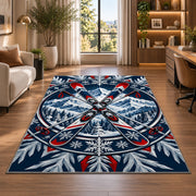 Crossed skis emblem rug in a living room with a desk and large windows