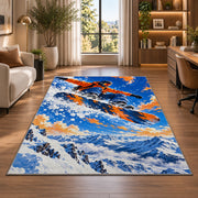 Snowboarder jump rug in a living room with a desk and large windows