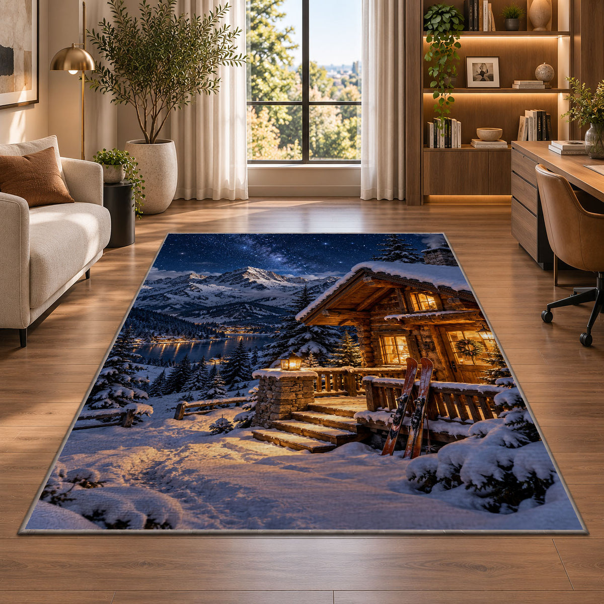 Ski cabin at night rug in a living room with a desk and large windows