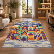 Retro snowboards rug in a living room with a desk and large windows