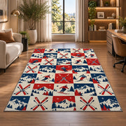 Checkered ski rug in a living room with a desk and large windows