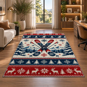 Nordic sweater skis rug in a living room with a desk and large windows
