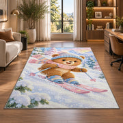 Teddy bear skier rug in a living room with a desk and large windows