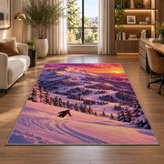 Sunset ski slope rug in a living room with a desk and large windows