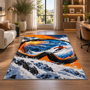 Ski goggles reflection rug in a living room with a desk and large windows