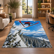 Ski jumper rug in a living room with a desk and large windows