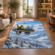 Chairlift skiers rug in a living room with a desk and large windows
