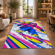 Pop art skier rug in a living room with a desk and large windows